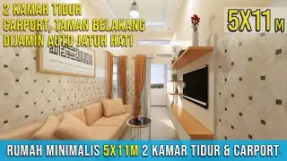 Small house design 5x11 meter with 2 bedroom, carport, and tiny garden