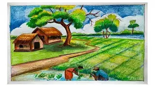 village scenery || Natural Scenery Painting Easy || Dhaner Khete kaj korar drisso