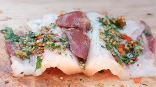 LARD WITH CHICKEN LIVER AND HEARTS on THE COALS. Juicy appetizer of lard on the grill.