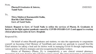 PharmD Students Request govt to Utilise PharmD graduates in hospitals in Pandemic situation