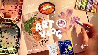 ART VLOG 🌻 painting watercolor food, oil pastel flowers, water soluble graphite & korean food
