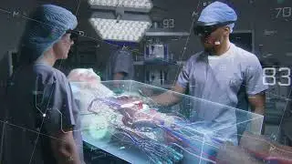 Diverse surgeons in AR headsets using futuristic holographic display