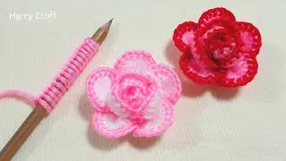 Amazing Rose Flower Making Idea with Pencil - Hand Embroidery Design Trick - DIY Woolen Flowers
