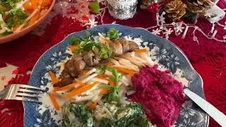 Изысканные вкусы Испании.шашлык,салат и шпинат с соусом бешамель