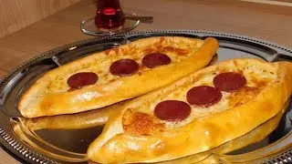 Turkish Pide with cheese and garlic sausage 