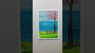 Cutest Pink 🌺Tree along lake Painting 🥰💕#shorts #art #drawing #painting
