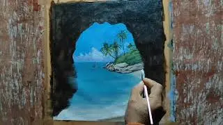 Seascape Acrylic painting || VIEW OF THE SEA FROM INSIDE THE CAVE 🖌️🎨
