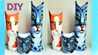 DIY Cats of paper rolls. Cat and rabbit symbol of 2023.