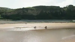 Aerial Footage of Men Enjoying Horse Back Riding Along The Sea Shore  4K Video