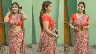 Cream & Brown Floral Printed Cotton Saree Look | Red Cotton Blouse | Terrace Saree Draping Style 