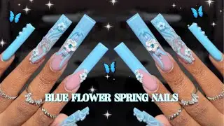 BABY BLUE FLOWER AND BUTTERFLY SPRING NAILS | ACRYLIC OMBRE NAIL HACK ON XL NAILS | NAIL INSPO