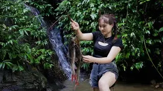 Solo Camping by the Stream: Catching and Cooking  Big Fish, Bushcraft Survival Skills