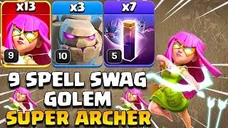 9 Spell Swag | Th13 Super Archer Attack Strategy - Best TH13 Golem Super Archer Bats | Coc
