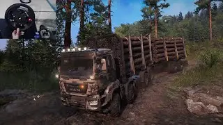 Medium Logs transporting - Man TGS 8X8 - Snowrunner | Thrustmaster TMX gameplay