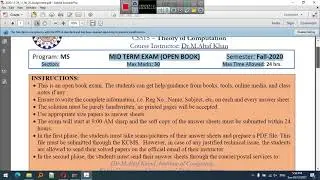 Theory of Computation CS515 mid term exam KUST Kohat