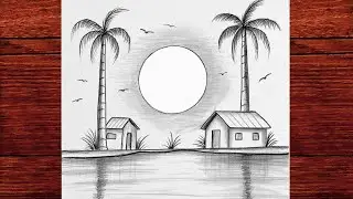 Easy Lakeside Landscape Drawing | Palm Trees, Houses & Sunset Reflection (Pencil Sketch Tutorial)