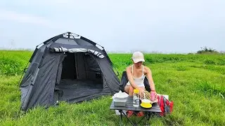 Wild Camping | Girl camping on the grassland, relaxing in tent, cooking outdoors
