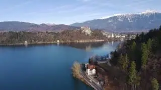 Lake Bled 30 Dec 2023. Beautiful Slovenian lake in mountains. Julian Alps. 4k drone video. Atom SE