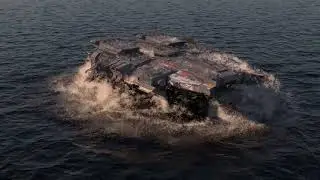 Spaceship rising from ocean.