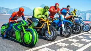 SPIDERMAN & Hulk w/ ALL SUPERHEROES Racing Motorcycles Event Day Competition Challenge - GTA 5 