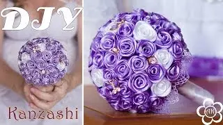 Wedding Bouquet  of ribbon / Roses from ribbons Video Tutorial ✄ Anastasia Kulikova