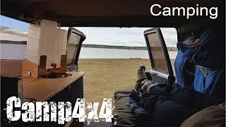 Autumn camping on the shore of a reservoir, rest in a mini motorhome, asmr