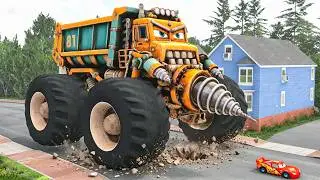 Epic Escape Lightning McQueen vs CONSTRUCTION DRILL CRUSHER MONSTER TRUCK in BeamNG.Drive