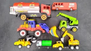 Find Toys In Black Plastic.Fire Truck.Tank Truck.Excavator Truck.Crane Truck.Bus.Compex