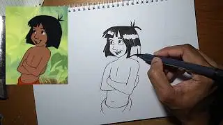 Daily illustration 06   How to draw MOWGLI English with French subtitles