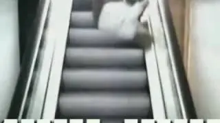 women falling down escalator