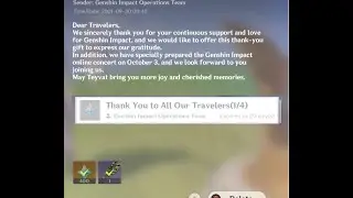 Genshin Impact 1st anniversary rewards - mail 1/4 Sep 30 2021 400 PRIMOGEMS AND A WING GLIDER
