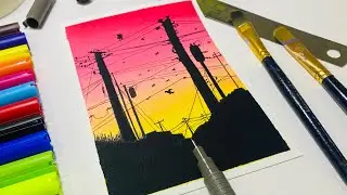 Simple Sunset Drawing Using Brush Pens | Easy Painting Ideas for Beginners
