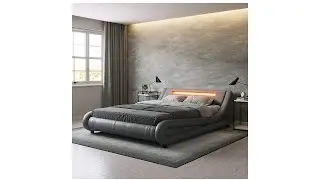 Modern Contemporary Wave Like Curve Upholstered Platform Bed with LED Lights Headboard