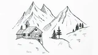 How to Draw a House in the Mountains Landscape | Як Легко Намалювати Будинок в Горах Пейзаж