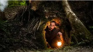 Building a Secret Dugout  in a Large Tree Root. Survival Skills