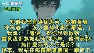 知道我患有癌症那天。他皺著眉對我冷冷道：「沒人會為此感到難過。」我說：「隨便。祝你說到做到。」畢竟我哥為救我死的那年，所有人都說：「為什麼死的人不是你？」後來，我站在那棟廢棄樓頂一躍而下。#有聲書