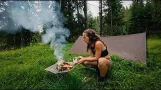 Solo Girl Camping in the Forest | Tarp Shelter, Campfire Cooking & ASMR