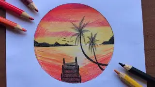 Desenho de paisagem do Por do Sol com lápis de cor. Passo à passo.