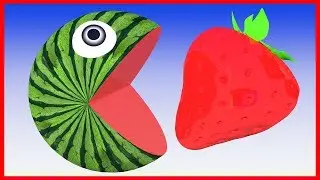 Pacman Watermelon with as He Finds Strawberry Fruits and as Rolling on Farm Surprise Toys for Kids