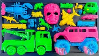 Cleaning toy cars, monster truck, tow truck, airplane, auto rickshaw, race car, tanker truck