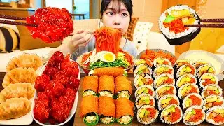 ASMR MUKBANG| 직접 만든 김밥 양념치킨 쫄면 만두 먹방 & 레시피 FRIED CHICKEN AND Tteokbokki EATING