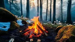 Misty Spring Campfire in a Tranquil Forest 🔥🌿 Relaxing Crackling Fire & Peaceful Nature Sounds