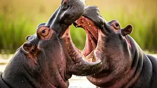 Hippopotamus fighting for territory and dominance