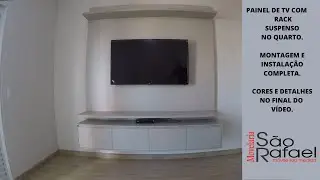 PAINEL DE TV COM RACK SUSPENSO EM QUARTO. MONTAGEM E INSTALAÇÃO COMPLETA. MOVELARIA SÃO RAFAEL.