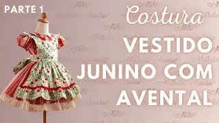 Vestido infantil manga fofa gola boneca com avental COSTURA