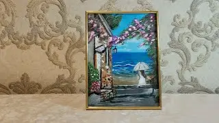 Drawing beautiful landscape/ Girl with umbrella walking on the sea beach 🏖️
