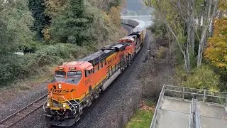 3 BNSF Trains! Bridge + Railroad Crossing Action! Awesome Horn Show!