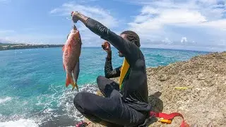 Diving From Off The Rock And Spearfishing In Roughest Seas | Big Mutton Snapper Catch