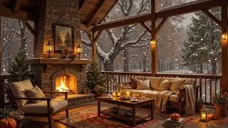 Cozy Winter Porch Ambience ⛄ Warm Fireplace & Soft Jazz Music for Relaxing Winter Evenings