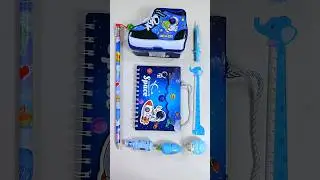 fancy blue stationery items- purse notebook, pencil sharpener, jumbo pencil, piggy bank, #stationery
